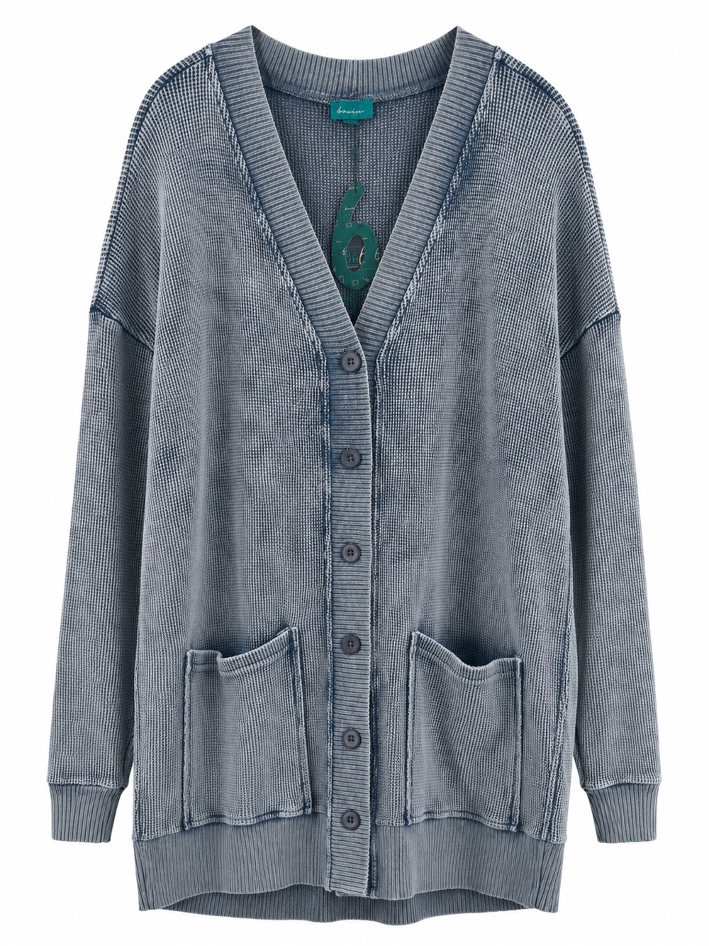 BA6 Oversized Waffle Knit Cardigan Blue Gray Mineral Wash Pocket Sweater NWT L